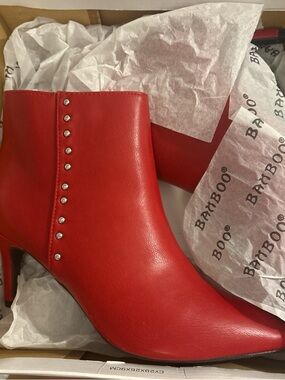 BAMBOO Red Pointed-Toe Studded Ankle Boots